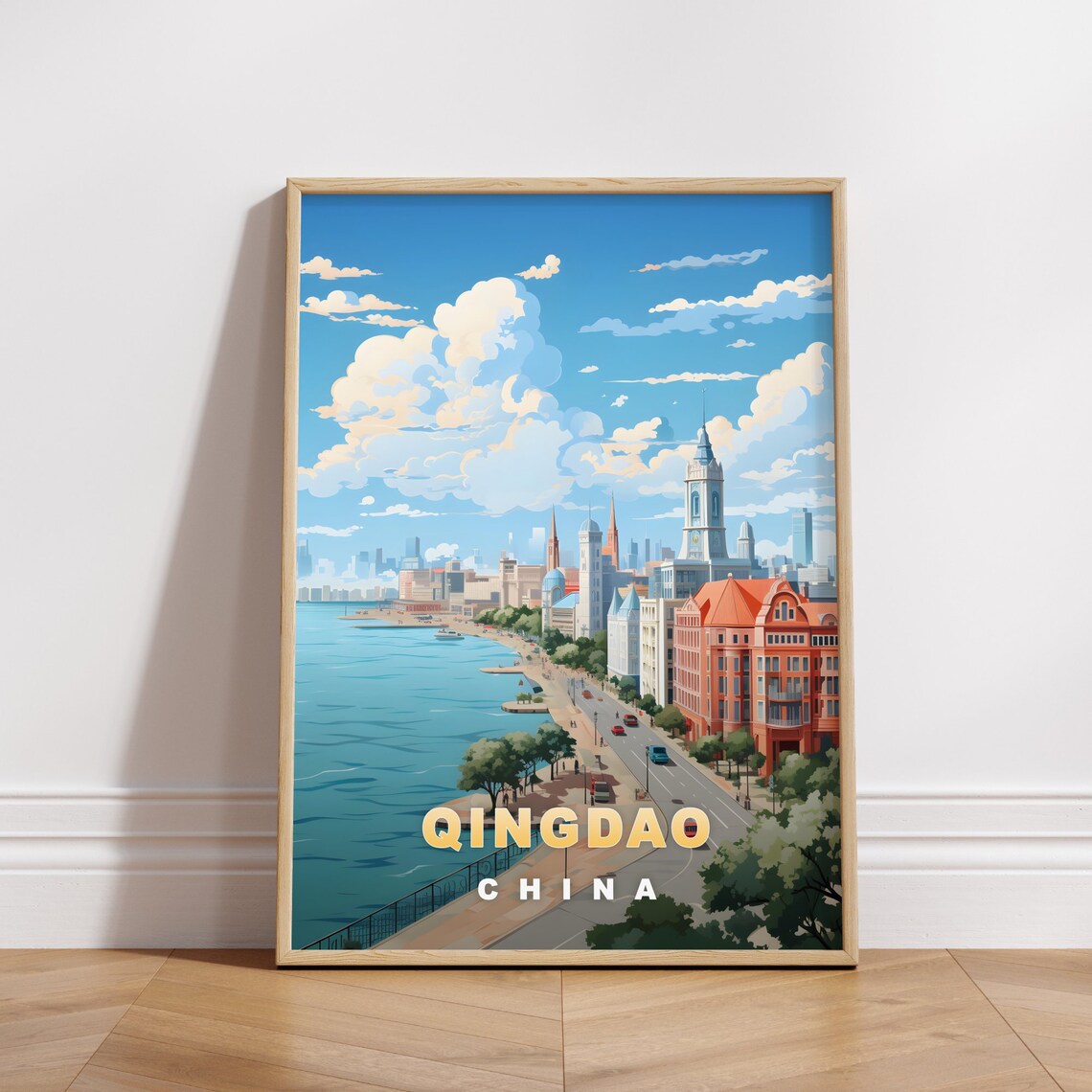 Qingdao China Harbor Promenade Colonial Waterfront Travel Poster