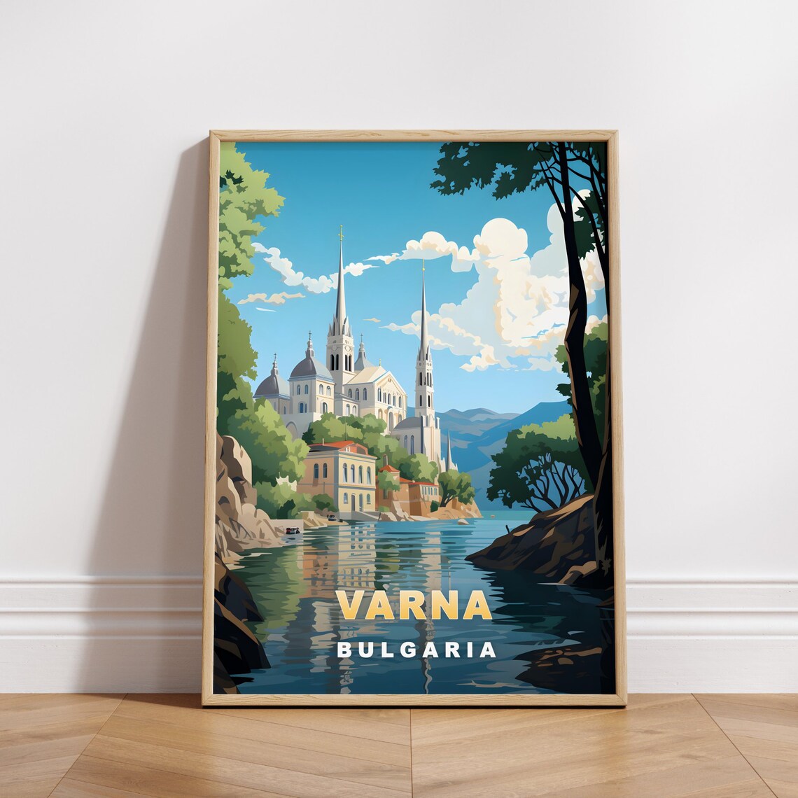 Varna Bulgaria Seaside Cathedral Harbor Vintage Travel Poster
