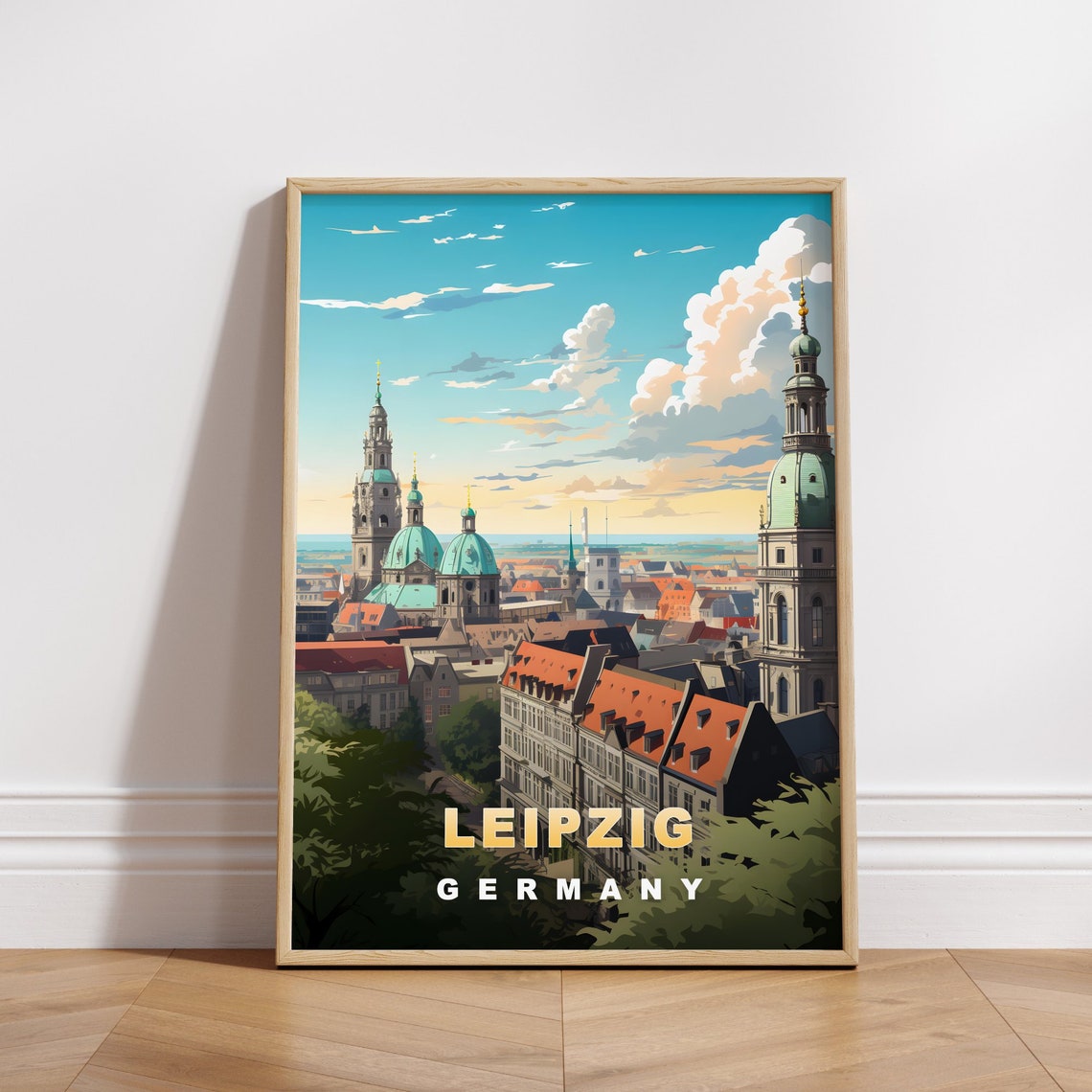 Leipzig Germany Retro Travel Poster Copper Domes Baroque Towers