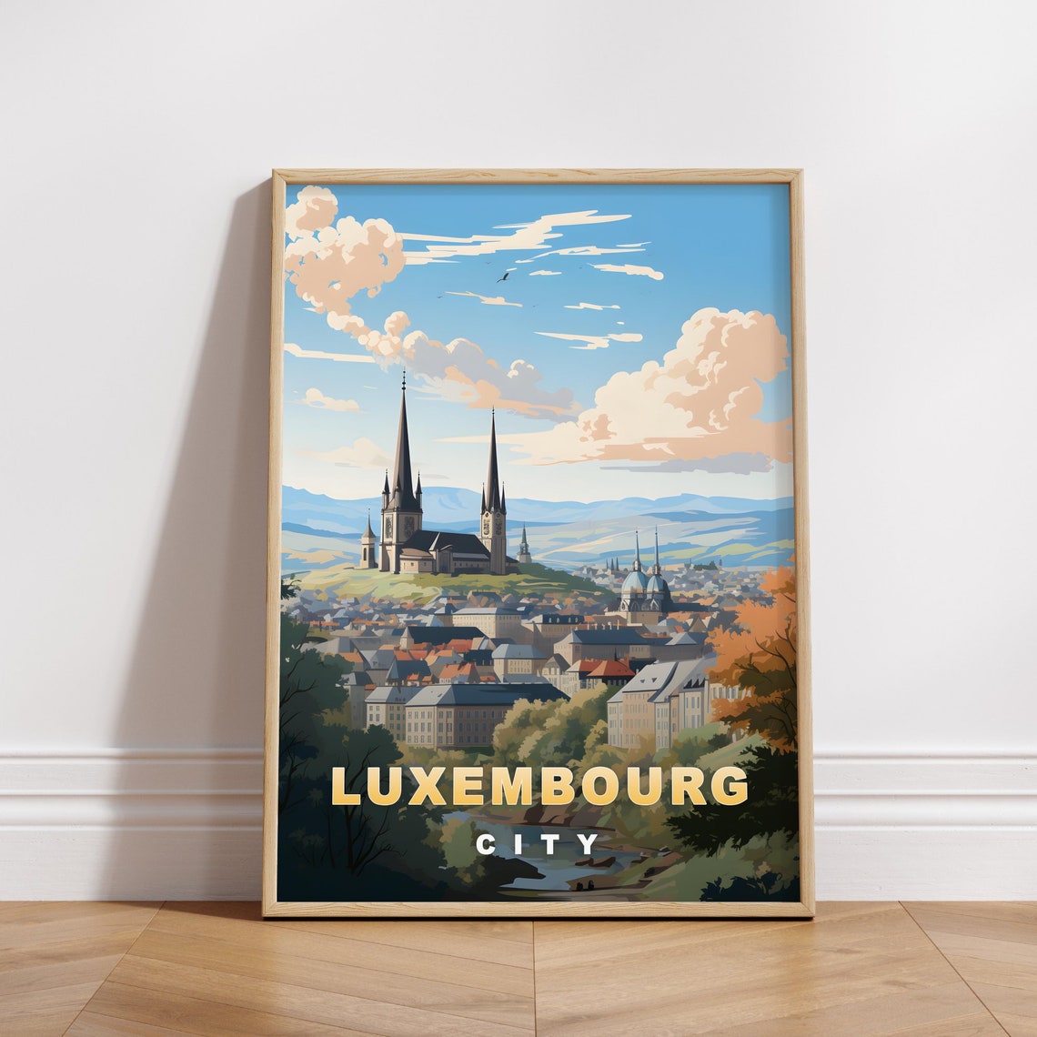 Luxembourg City Retro Travel Poster Cathedral Hilltop Skyline View
