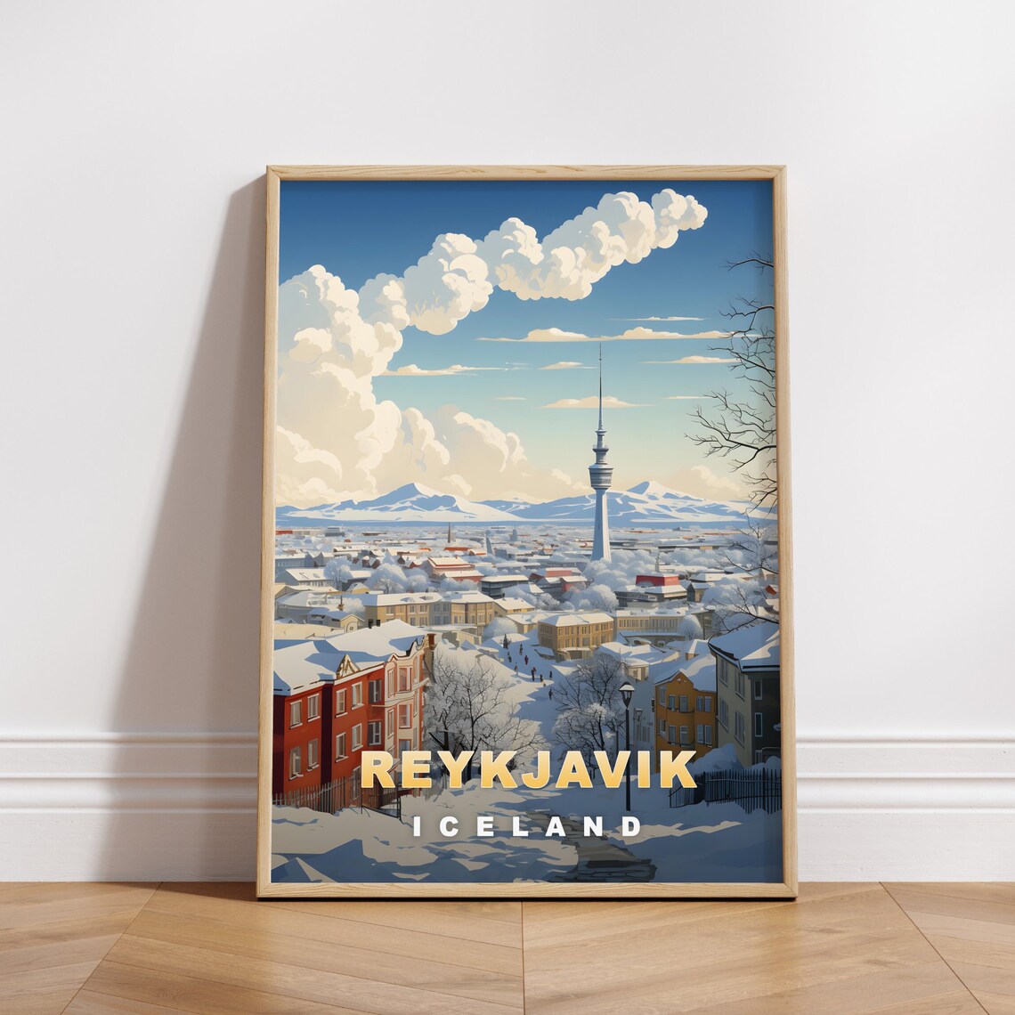 Reykjavik Iceland Snowy Cityscape Tower Winter Vintage Poster
