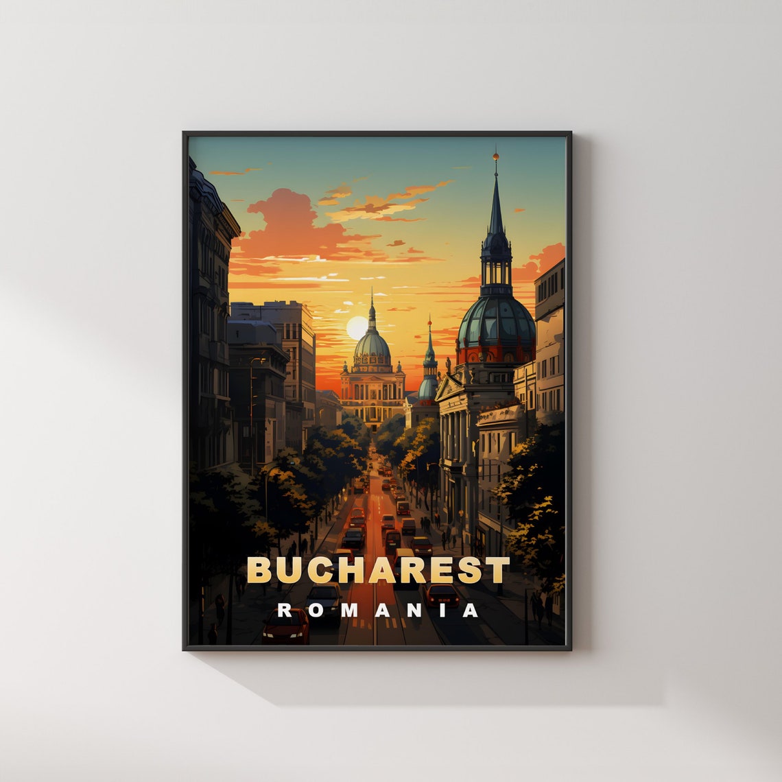 Bucharest Romania Sunset Boulevard Domed Church Skyline Travel Poster - Image 2