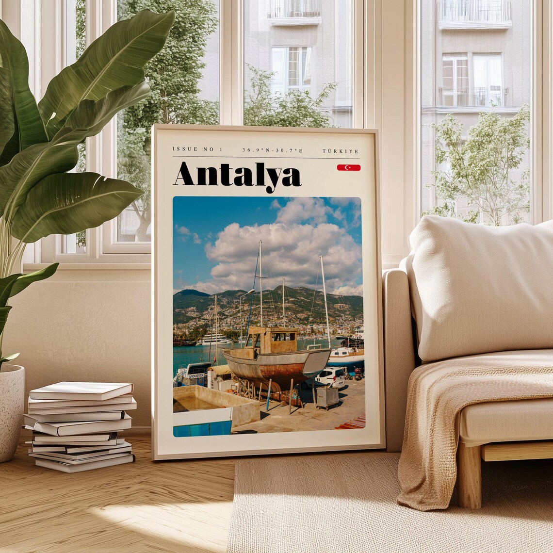 Antalya Turkey Harbor Fishing Boats Mountain Coast Travel Poster