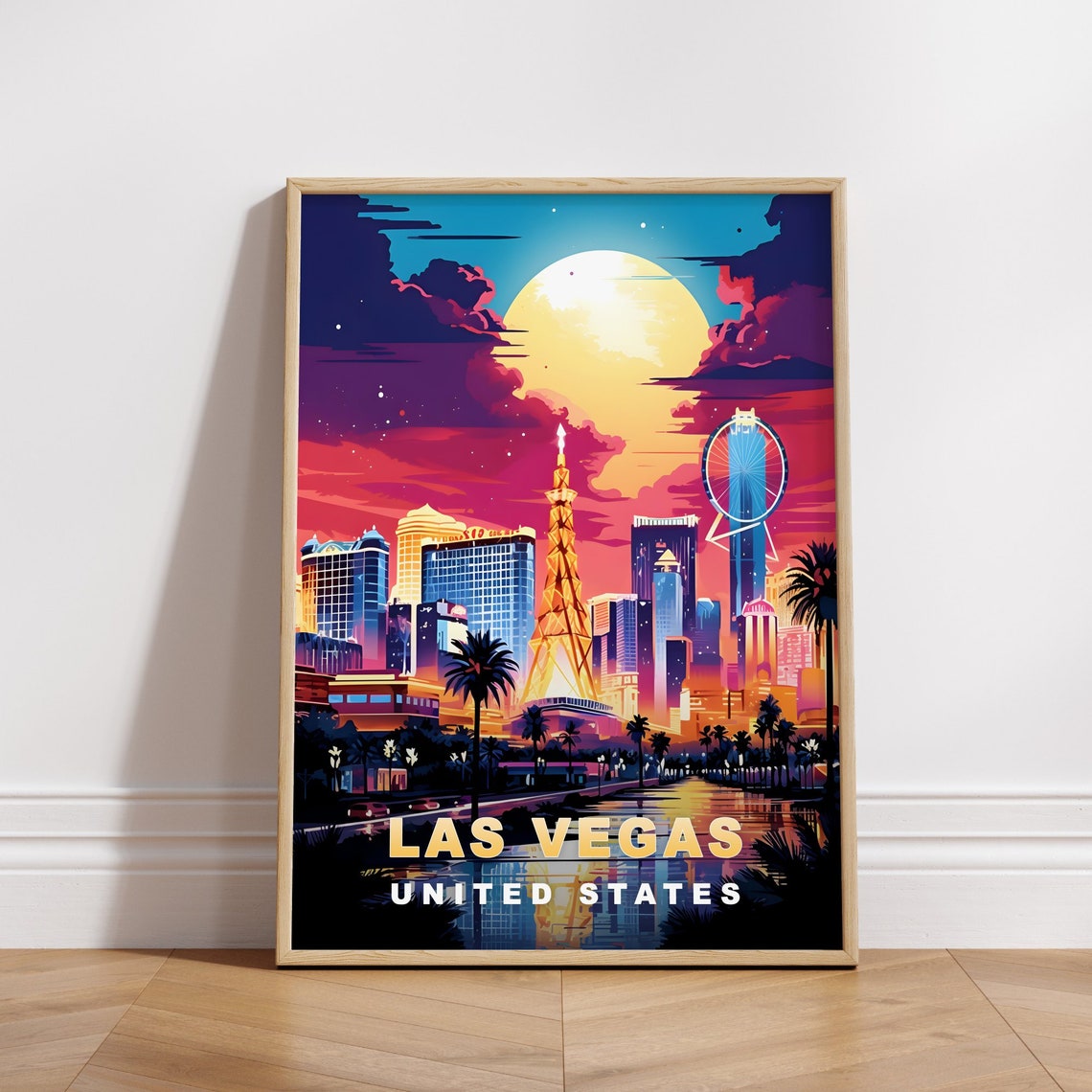 Las Vegas Strip Neon Night Skyline Ferris Wheel Travel Poster