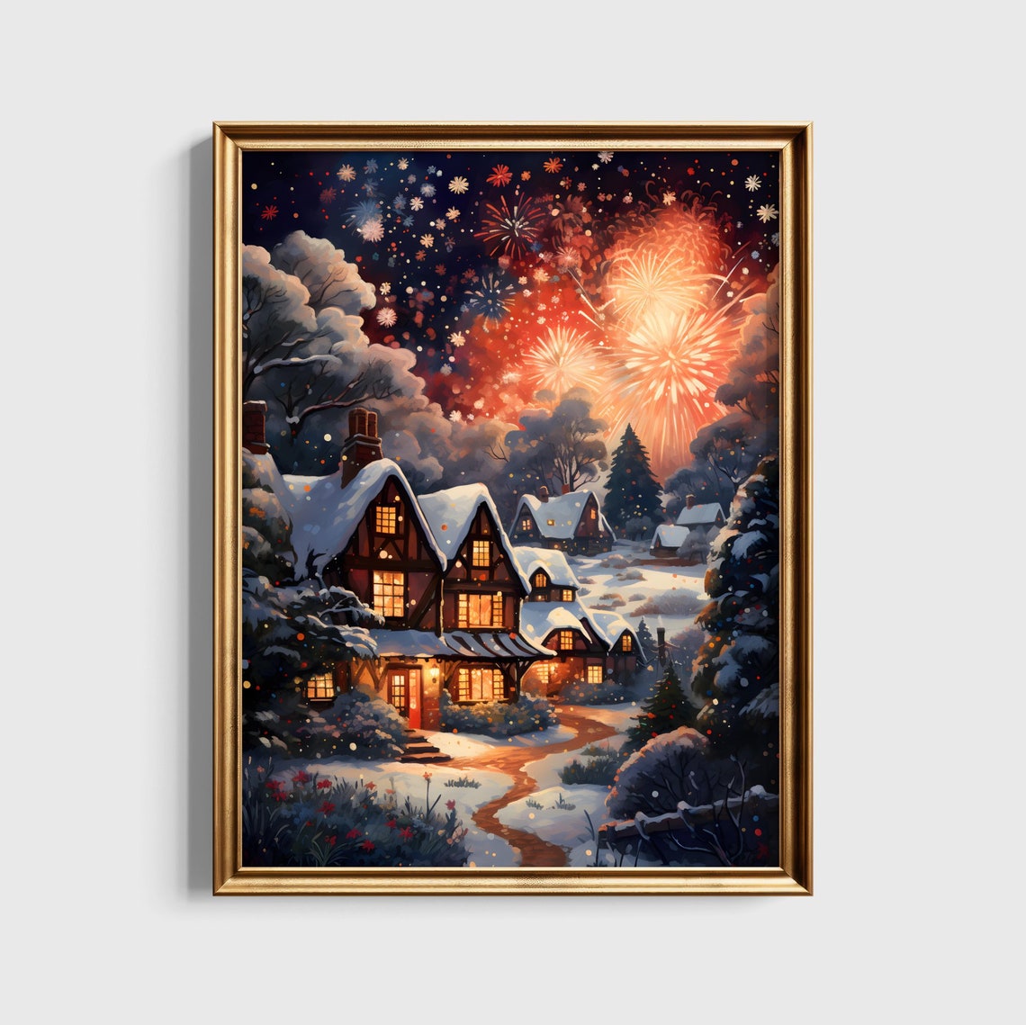 Magical Snowy Wizard Village Christmas Fireworks Fantasy Poster
