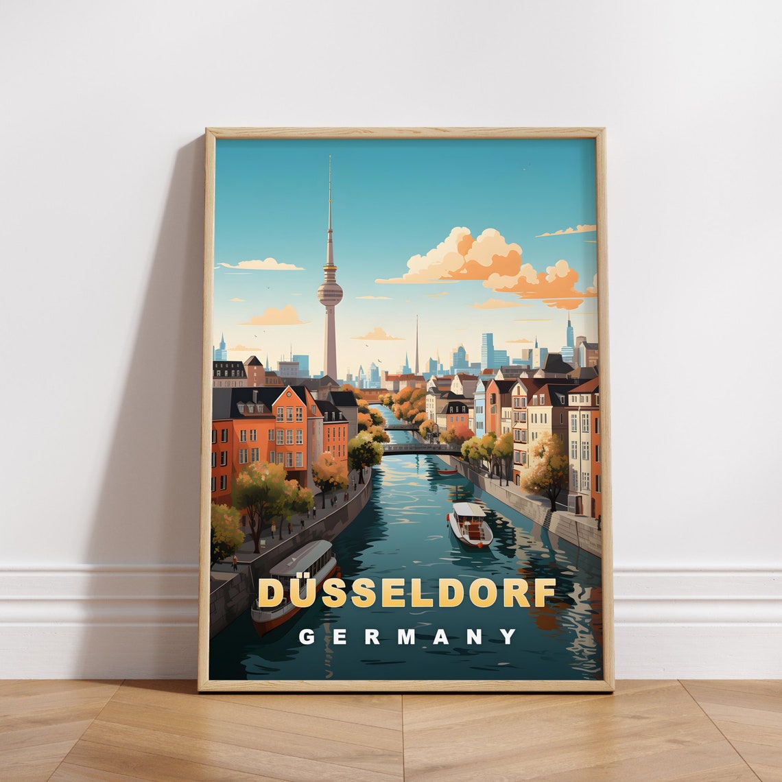 Dusseldorf Germany Retro Travel Poster Canal Waterfront Tower View