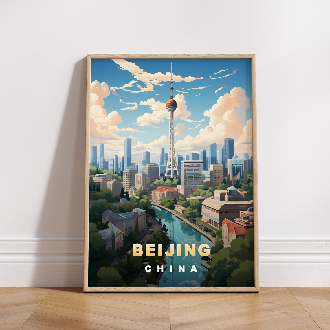 Beijing China Modern Skyline Slender Tower Canal Travel Poster