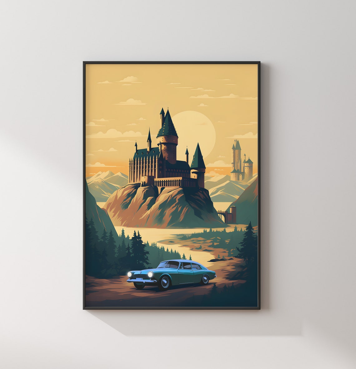 Hogwarts Castle Flying Blue Car Vintage Sunset Travel Poster - Image 2
