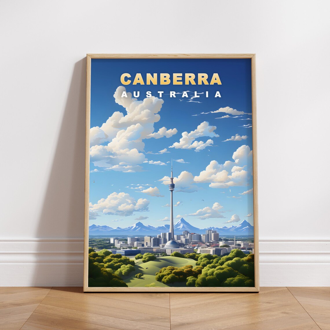 Canberra Australia Tower and Green Hills Retro Travel Poster