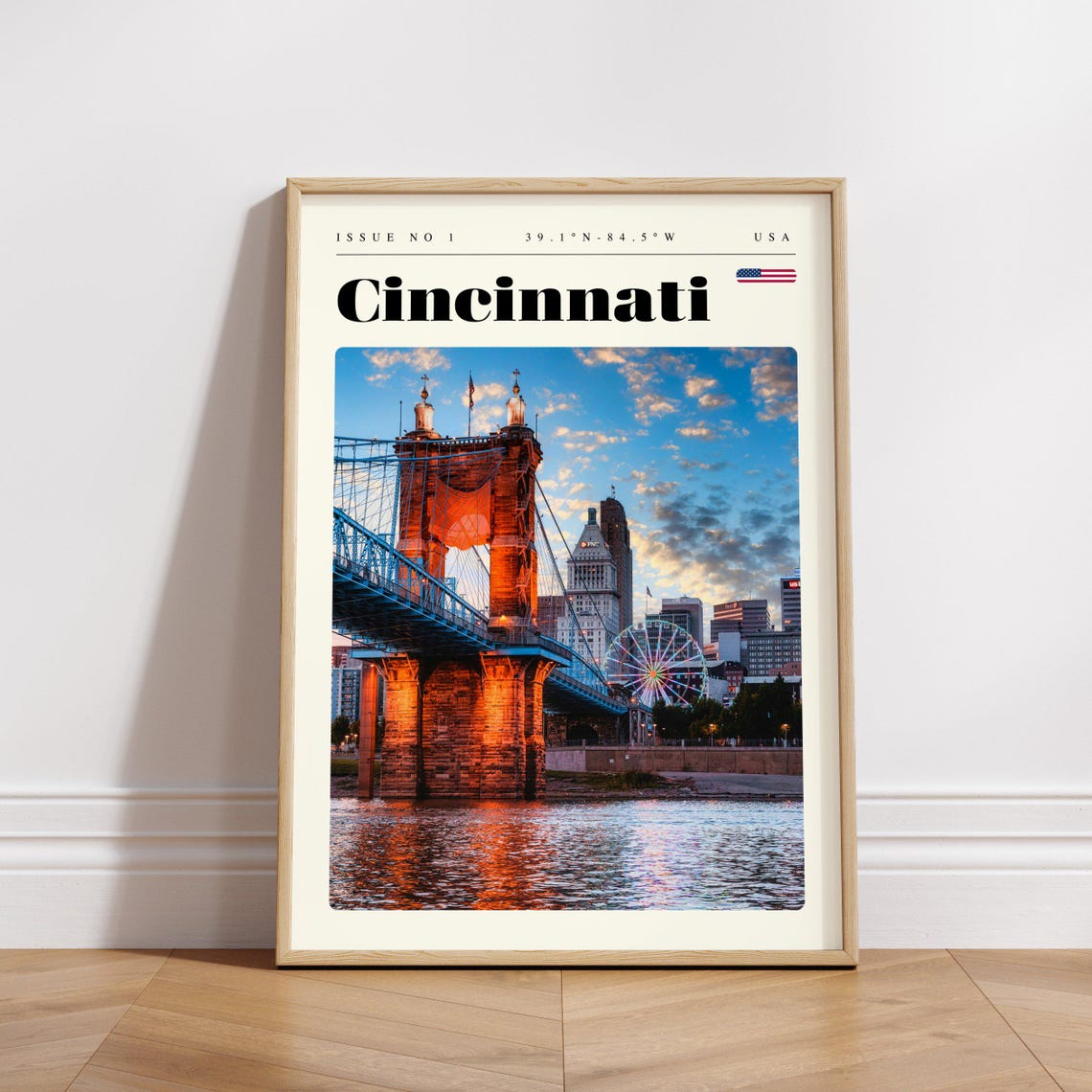 Cincinnati USA Suspension Bridge Sunset River Skyline Travel Poster - Image 3