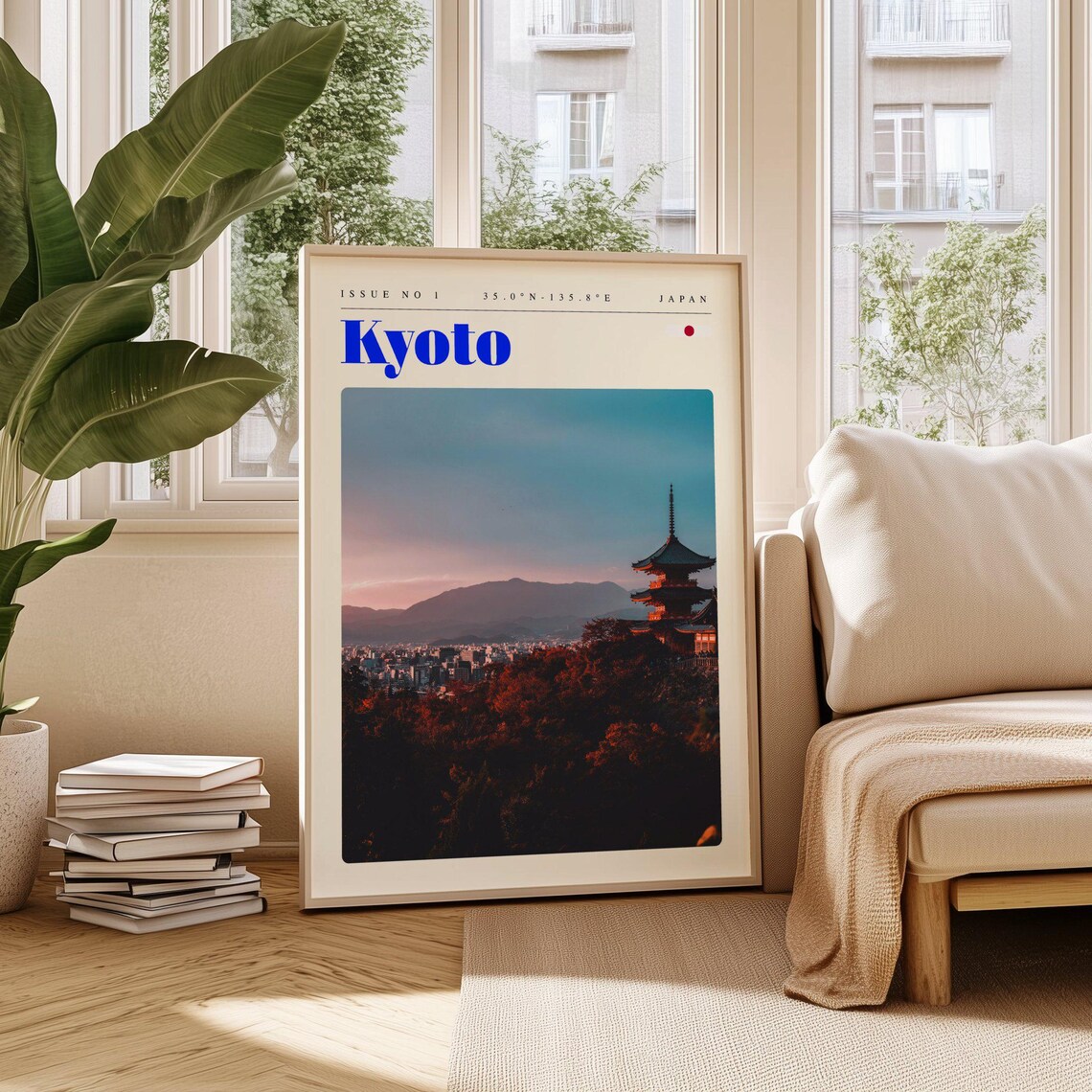 Kyoto Japan Pagoda at Dusk Above the City Lights Travel Poster Art