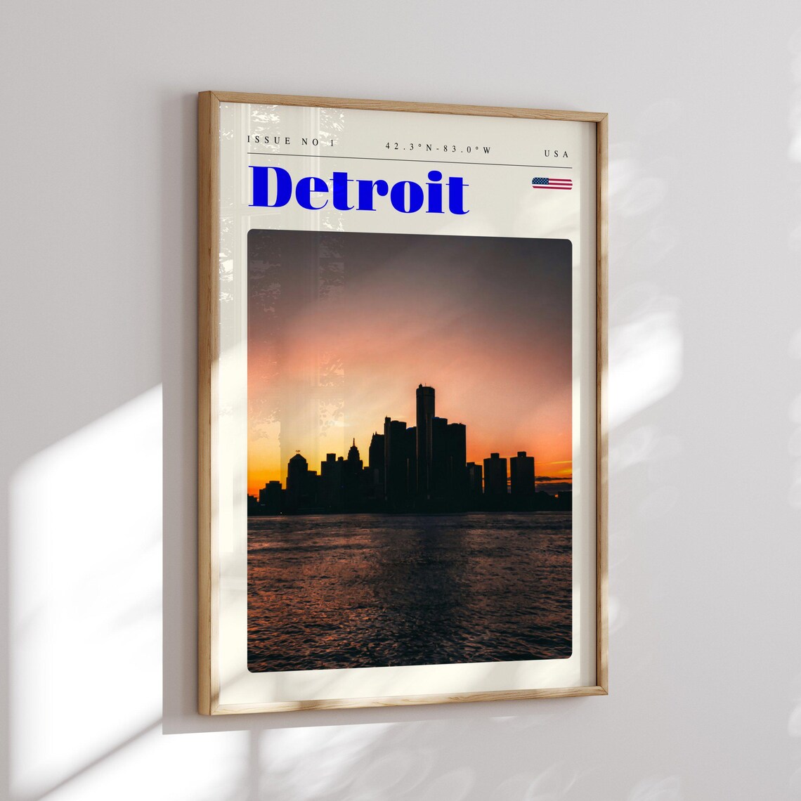 Detroit USA Sunset Skyline Silhouette Over Water Travel Poster - Image 2