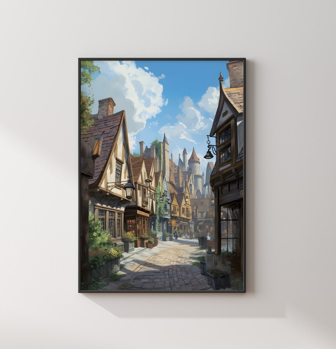 Magical Wizard Village Street Summer Castle Fantasy Art Poster - Image 2