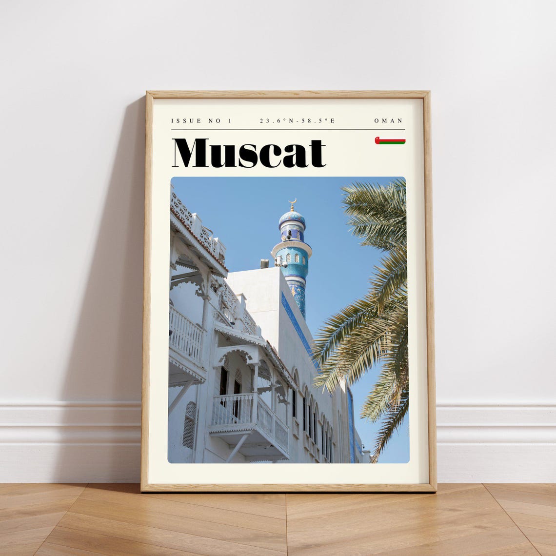 Muscat Oman White Mosque Blue Minaret Palm Trees Travel Poster - Image 3