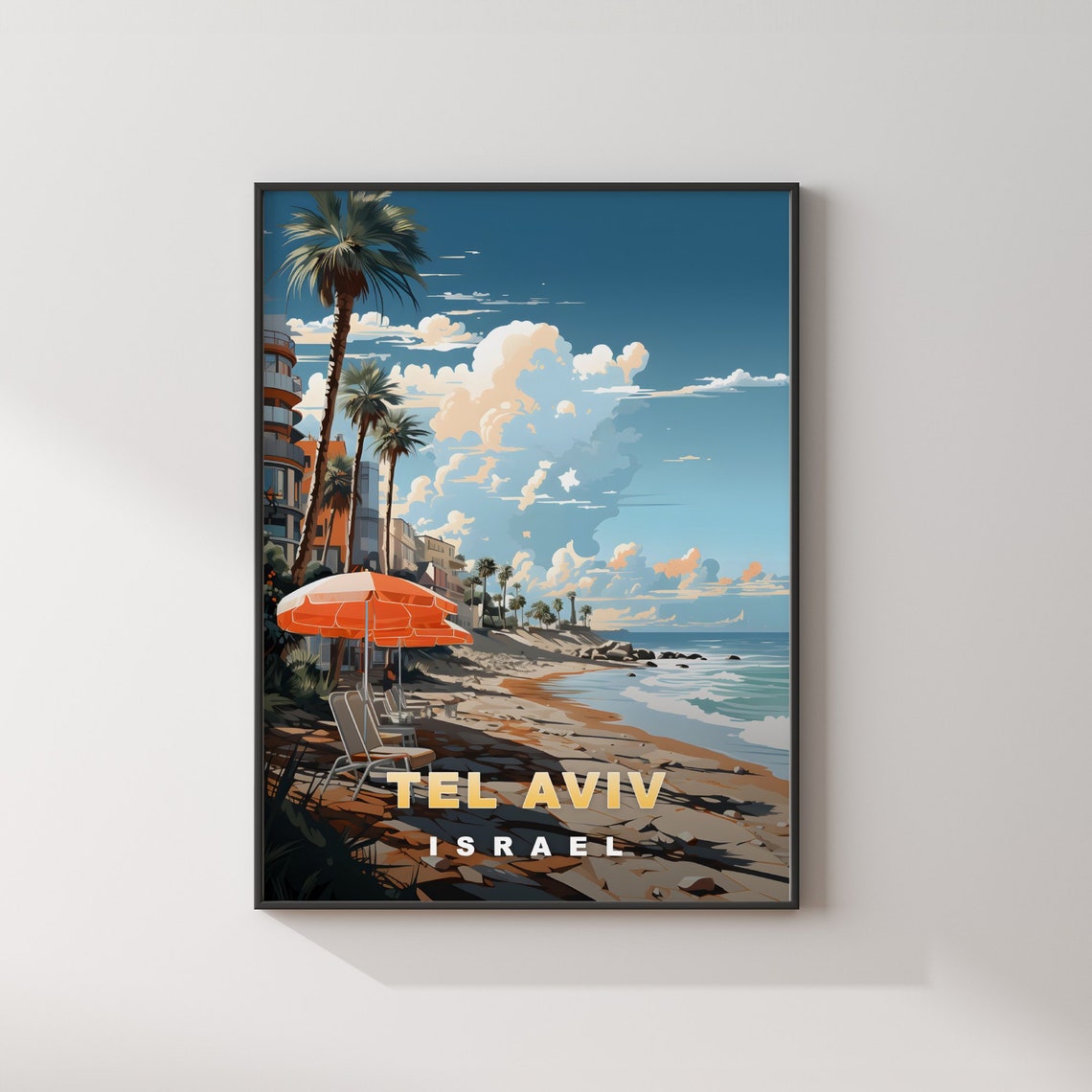 Tel Aviv Israel Palm Beach Orange Umbrellas Retro Travel Poster - Image 2