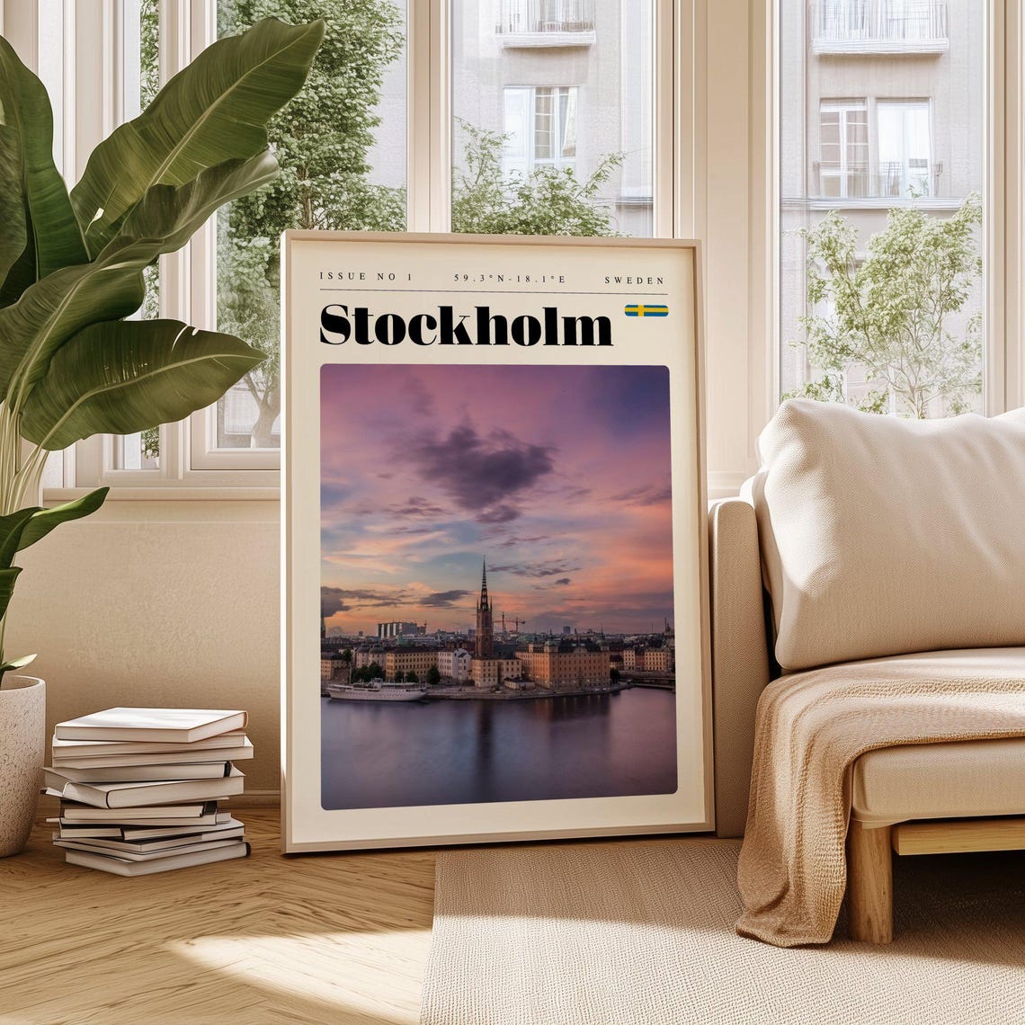 Stockholm Sweden Vintage Travel Poster Sunset Harbor Waterfront Scene