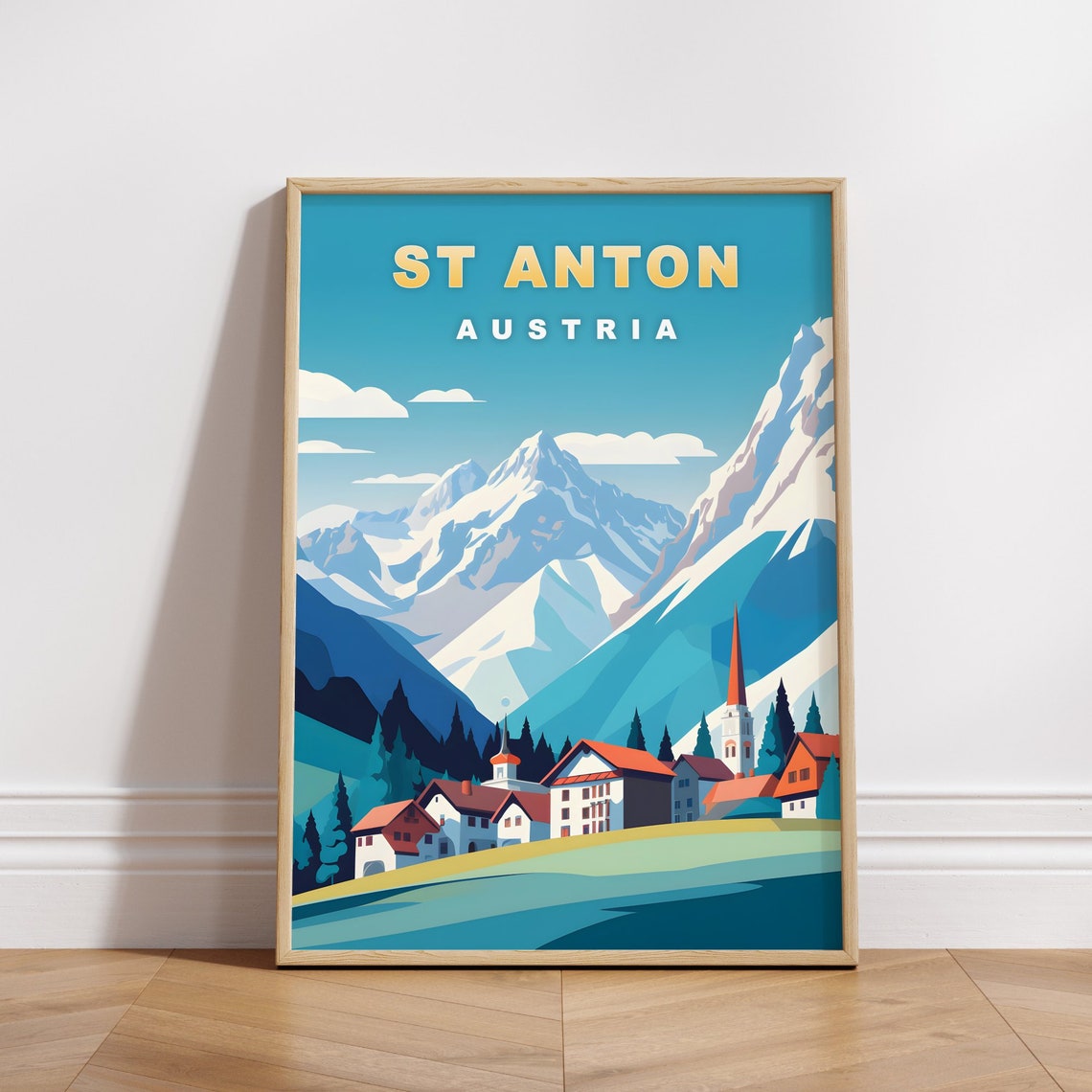 St Anton Austria Mountain Village Church Retro Travel Poster