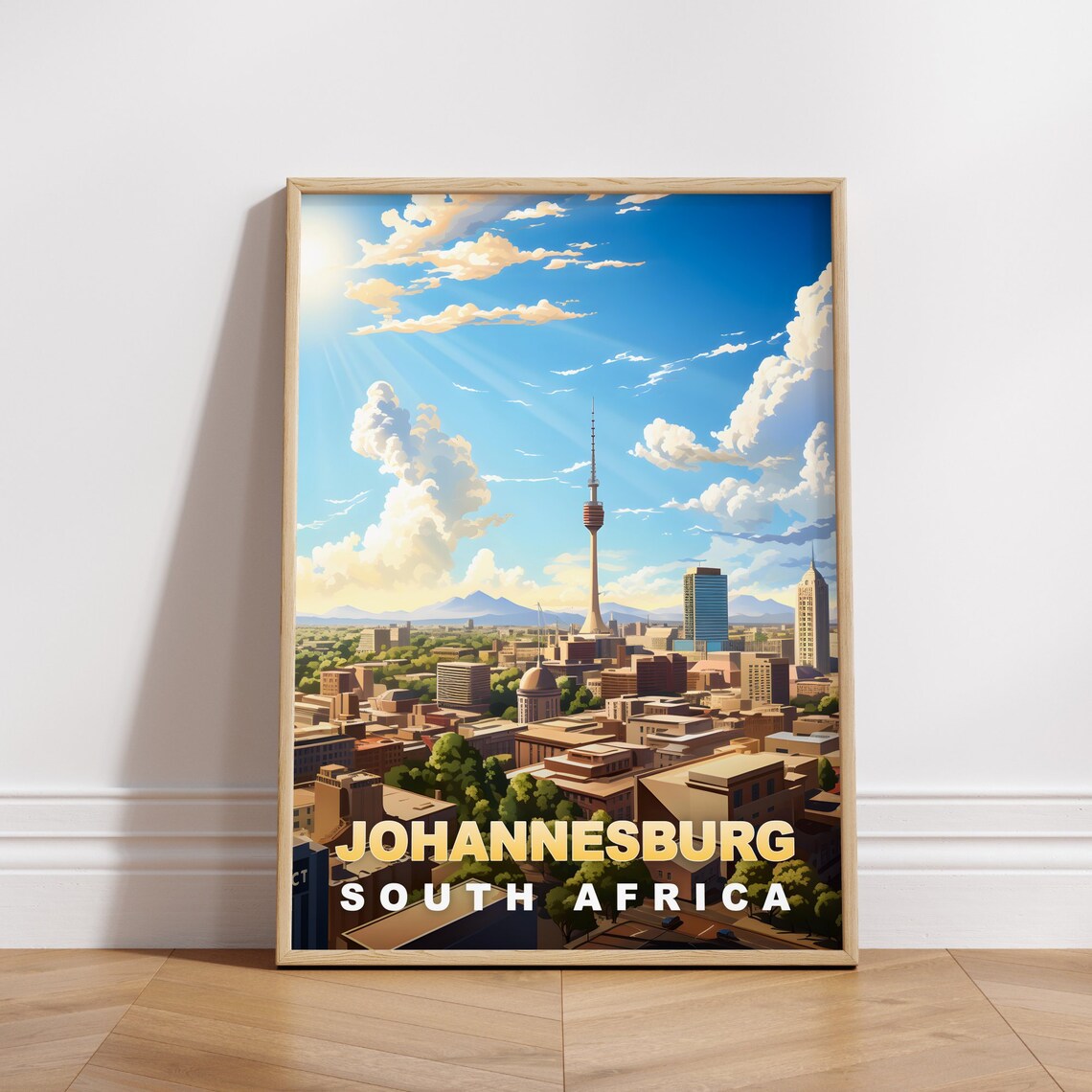 Johannesburg South Africa Sunny Skyline Cityscape Retro Travel Poster
