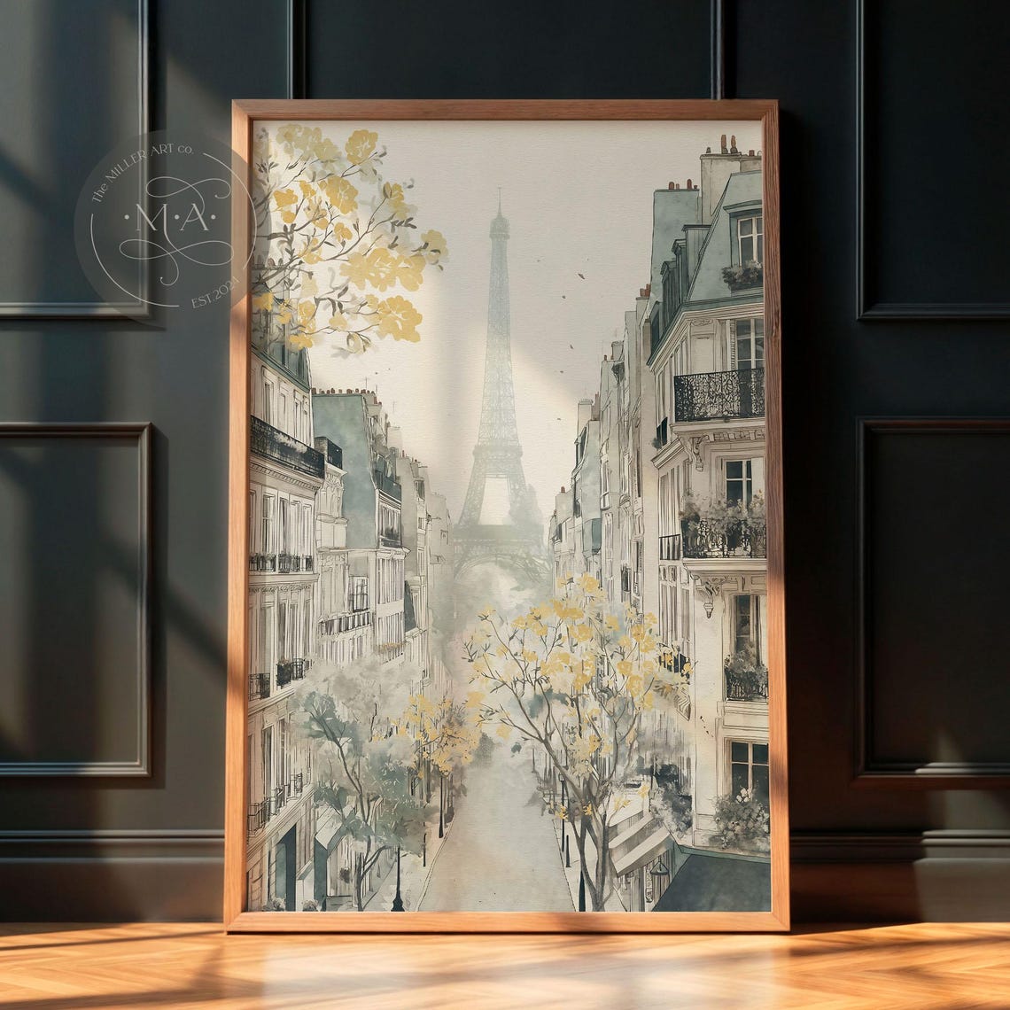 Eiffel Tower Paris Spring Blossom Street Pastel Watercolor Poster