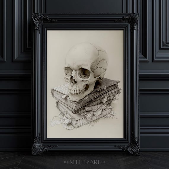 Gothic Skull Book Stack Print Dark Academia Halloween Art