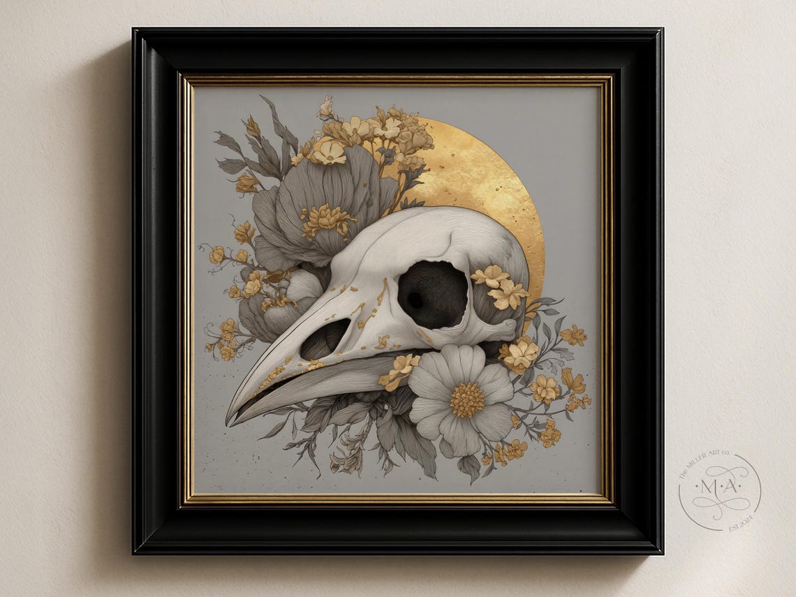 Crow Skull Gold Botanical Flowers Dark Academia Gothic Nature Wall Poster