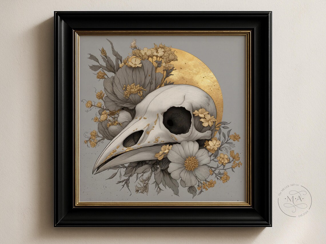 Crow Skull Gothic Art Print Dark Academia Gold Botanical Illustration