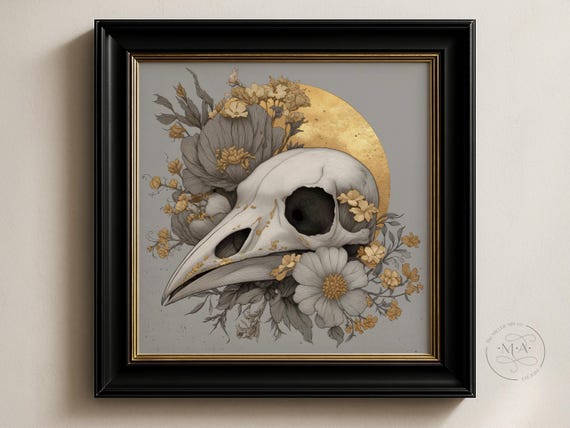 Crow Skull Gold Botanical Flowers Dark Academia Gothic Nature Wall Poster