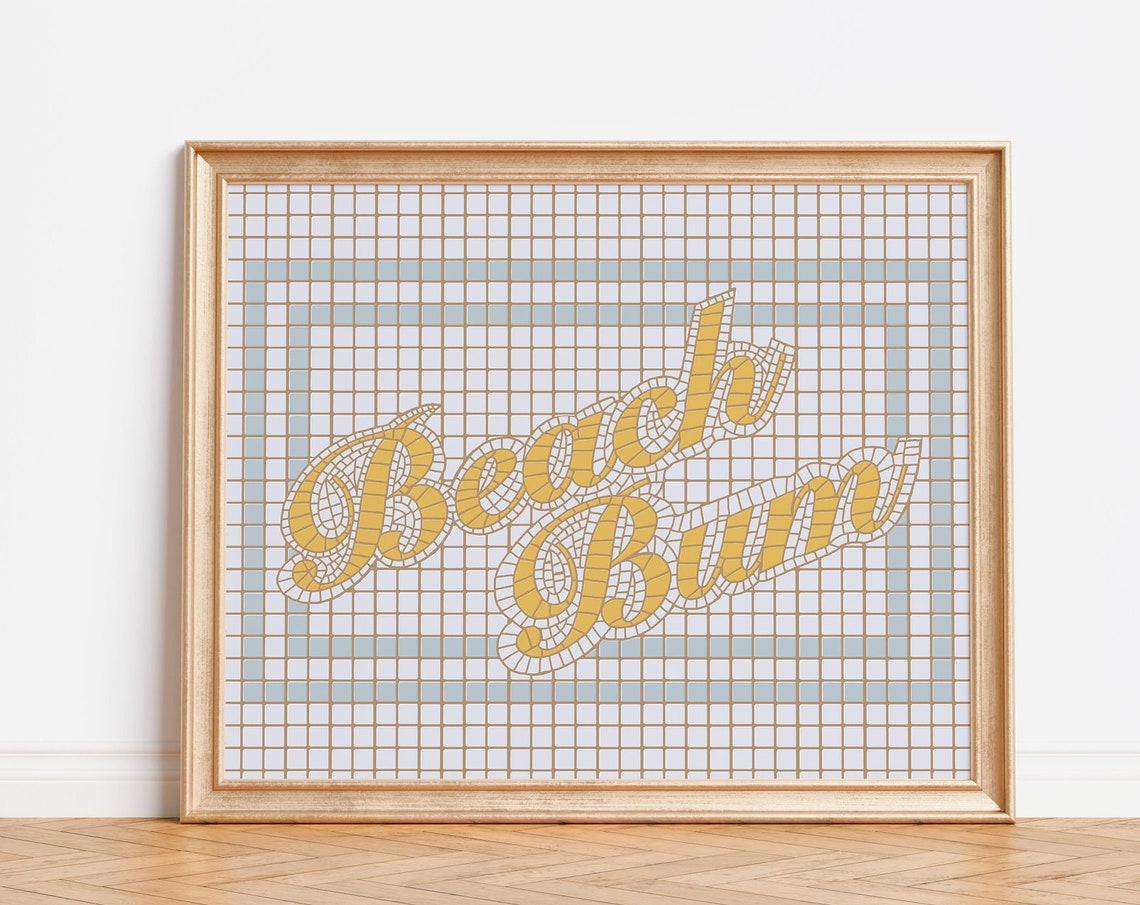 Beach Bum Script Mosaic Tile Typography Yellow Retro Beach Art Poster