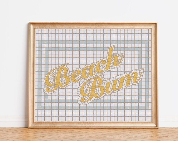 Beach Bum Script Mosaic Tile Typography Yellow Retro Beach Art Poster