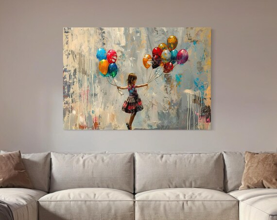 Little Girl With Colorful Balloons Abstract Joyful Art Poster