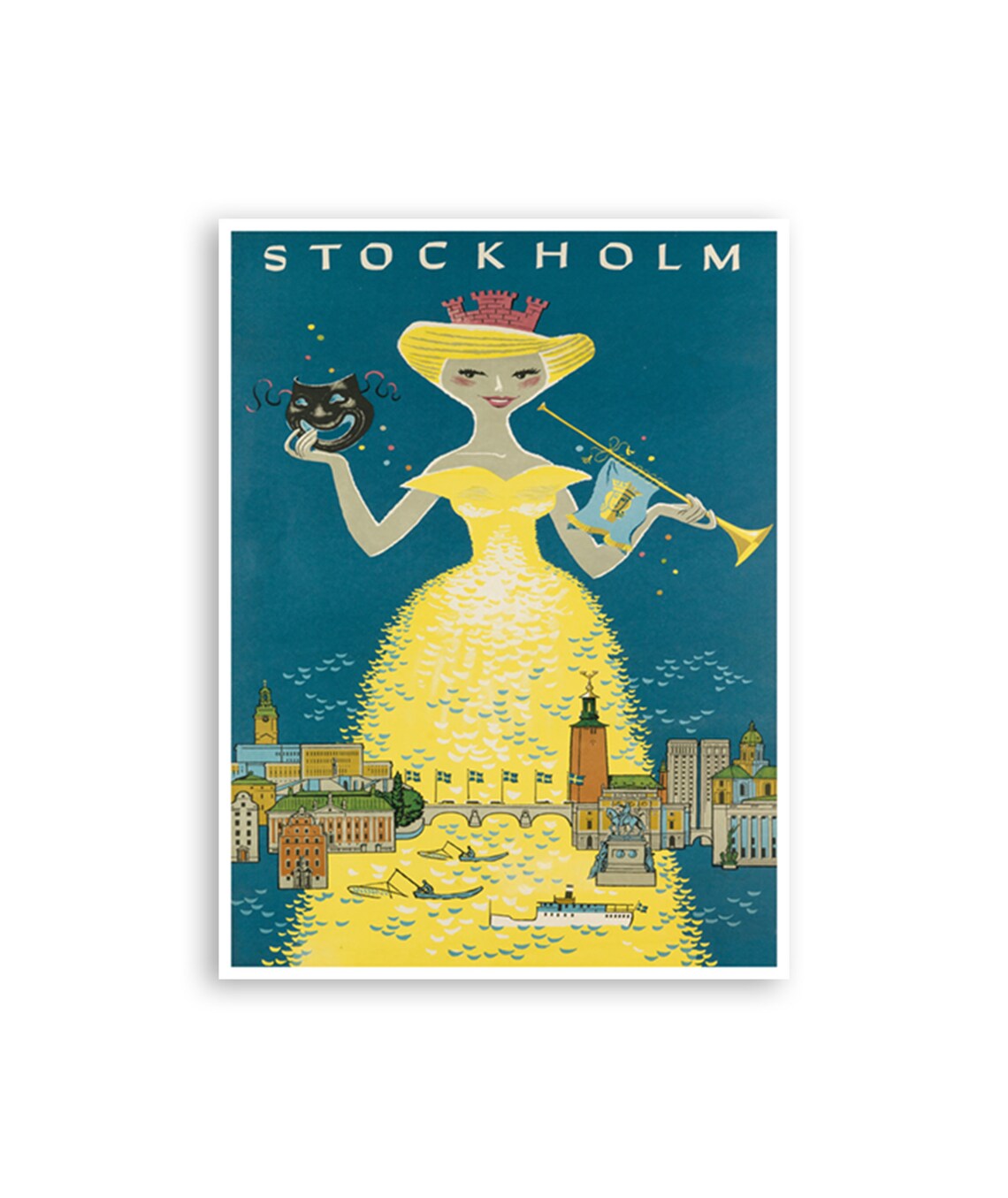 Stockholm Sweden Theater Mask Crown City Waterfront Vintage Poster