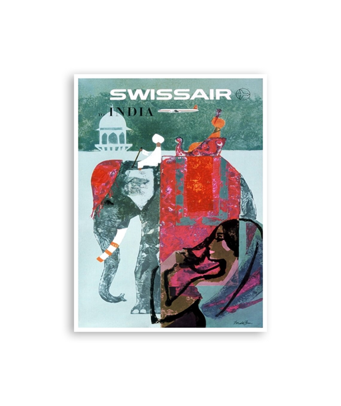 Swissair to India Vintage Airline Poster Elephant Rider Palace Art