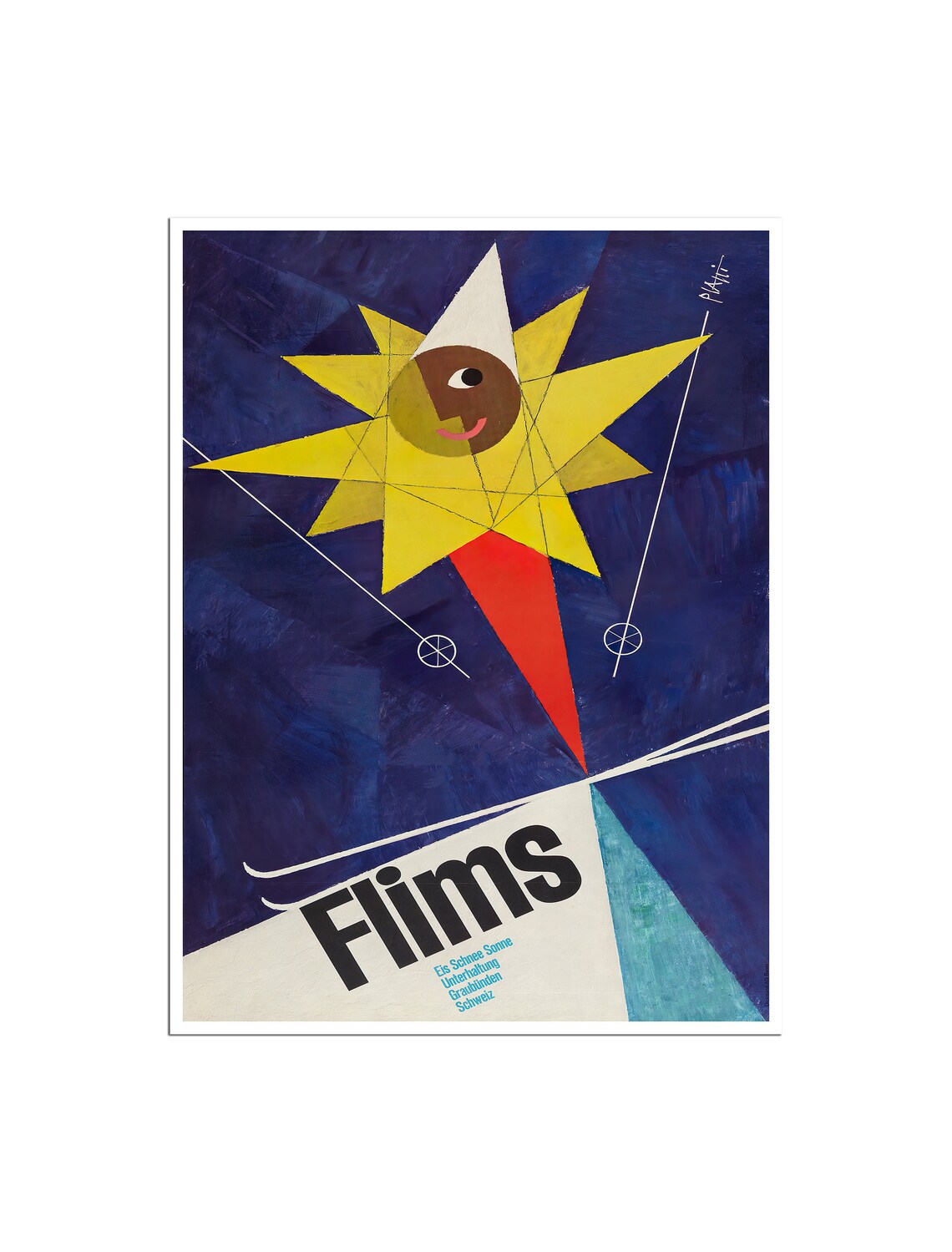 Flims Switzerland Vintage Abstract Sun Skier Geometric Travel Poster