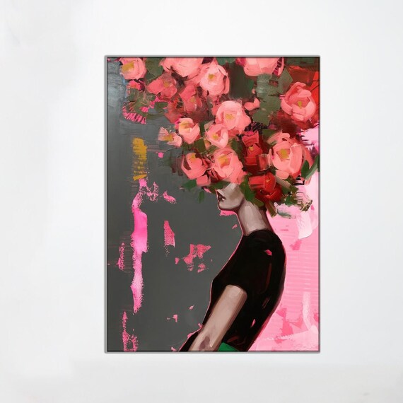 Woman with Pink Roses Covering Face Bold Floral Portrait Painting Poster