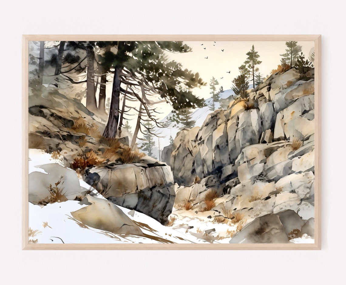 Snowy Rocky Mountainside Watercolor with Pines and Birds Print