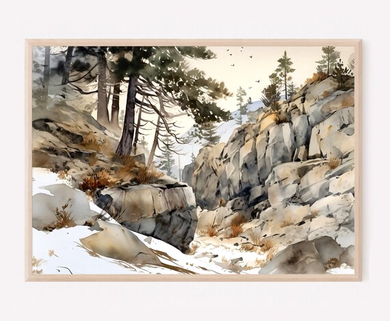 Snowy Rocky Mountainside Watercolor with Pines and Birds Print