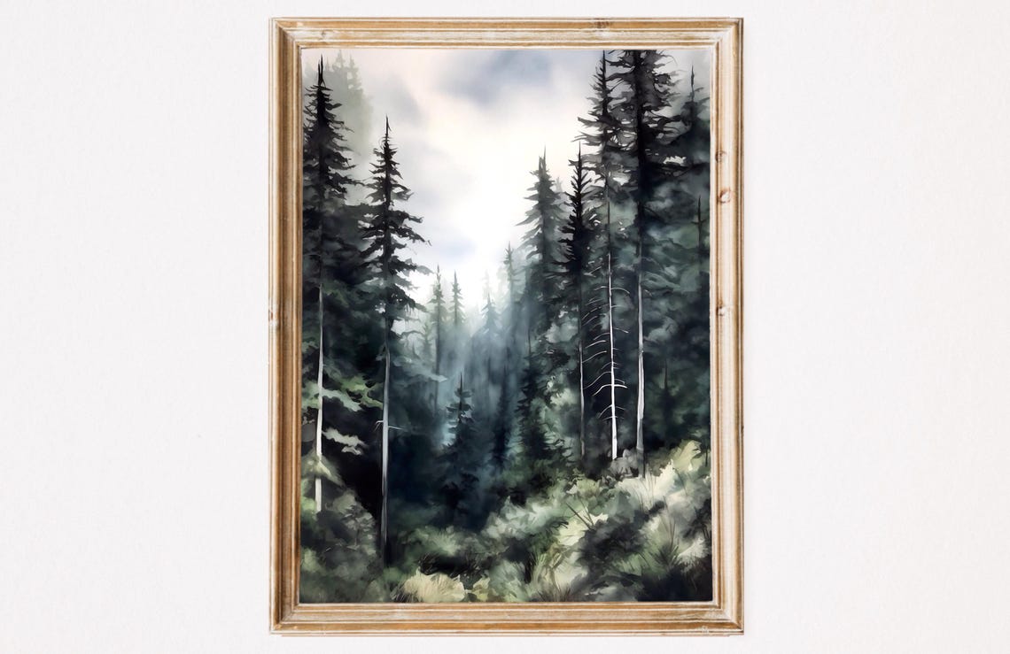 Dark Evergreen Forest Mist Moody Pine Trees Watercolor Poster - Image 5