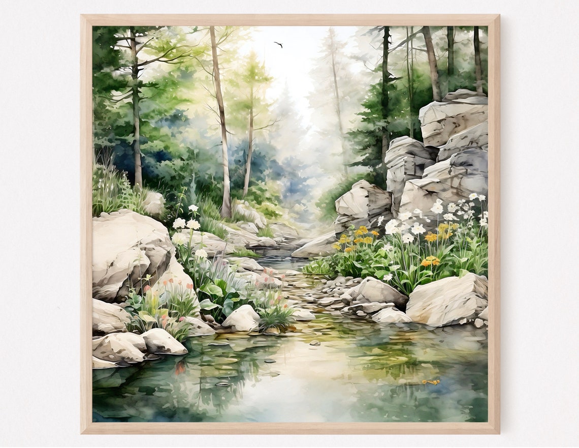 Misty Stream Through Boulders Wildflowers Soft Watercolor Poster