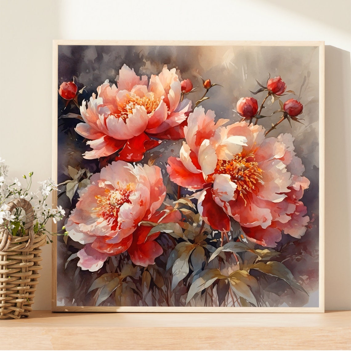 Coral Peony Blooms Close Up Blossoms Buds Watercolor Floral Poster - Image 4