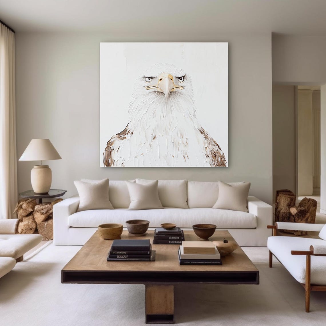 Fierce Bald Eagle Portrait White Textured Oil Painting Poster - Image 2