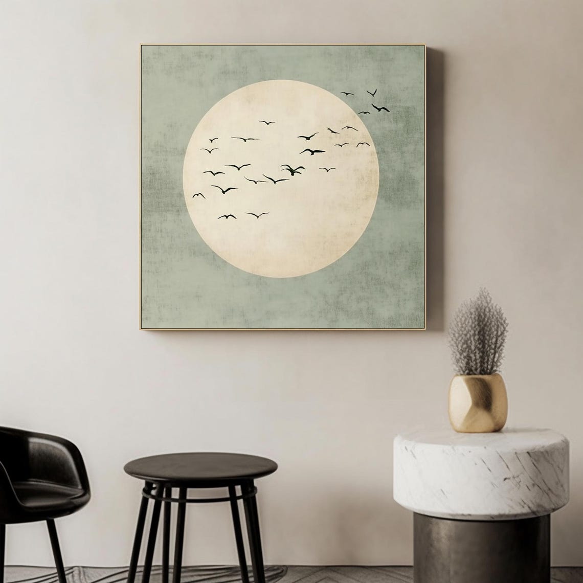 Full Moon Birds Sage Green Background Gold Frame Minimal Poster - Image 2