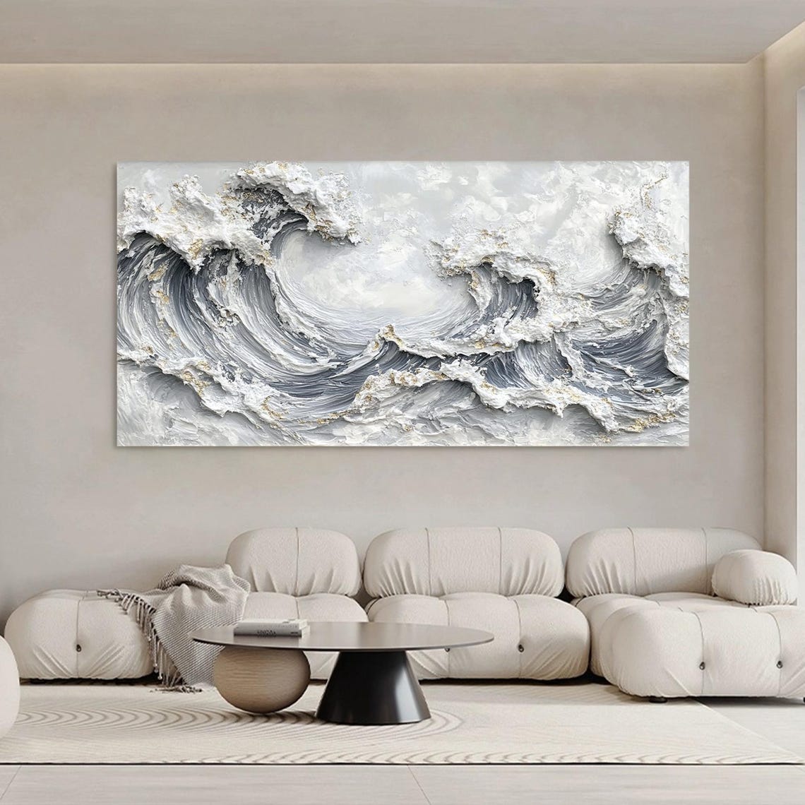 Gray Ocean Waves Gold Accents Textured Impasto Coastal Panorama Poster - Image 2