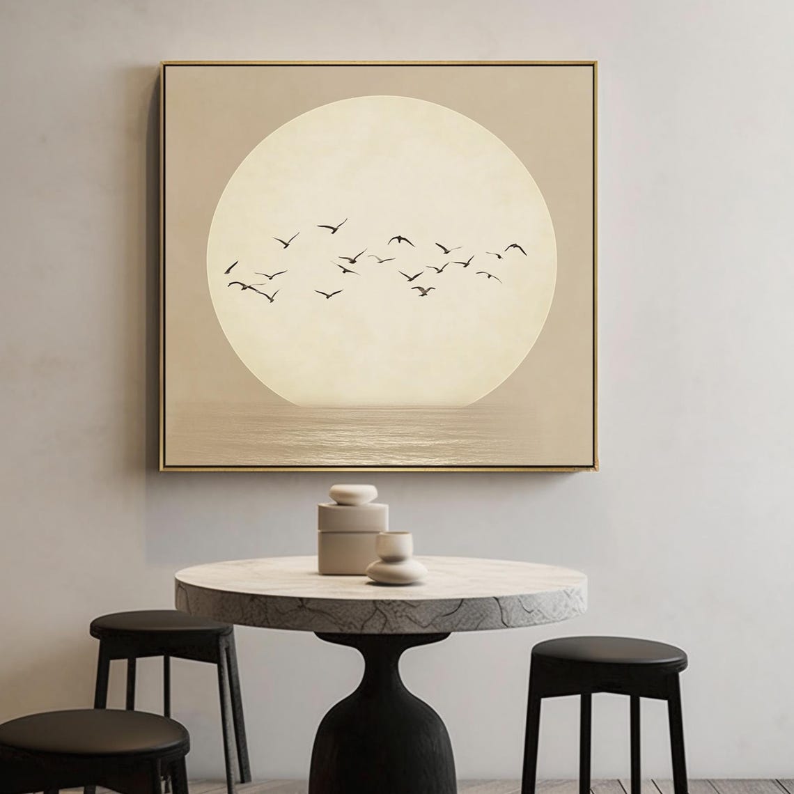 Minimalist Moon Birds Flying Beige Japandi Serene Zen Style Poster - Image 2