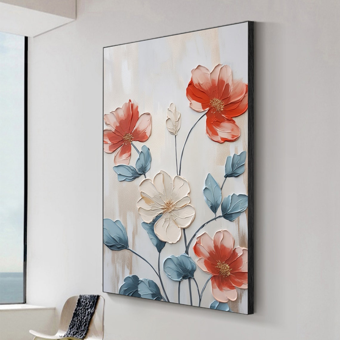 Red And Cream 3D Impasto Flowers With Blue Leaves Art Poster - Image 2