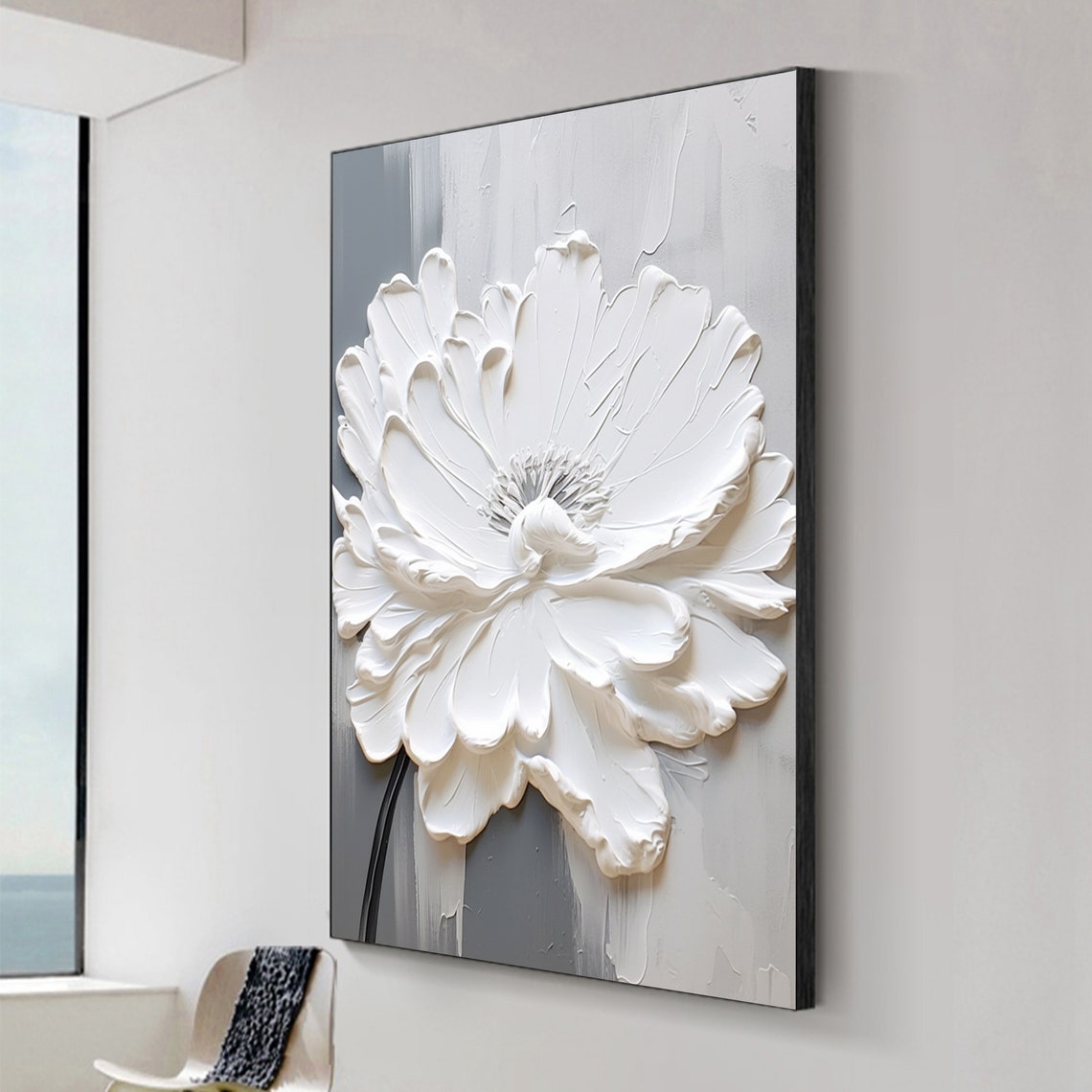 White Peony Bloom Gray Background Textured Floral Elegant Poster - Image 2
