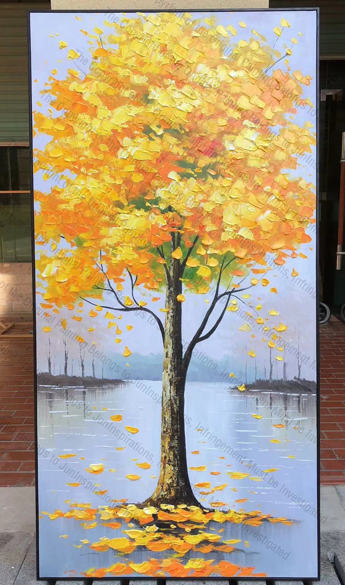 3d Yellow Leaf Tree Oil Painting Yellow Landscape Painting Tree Of Life Abstract Painting Palette Knife Painting Porch Wall Art Decor - Image 2