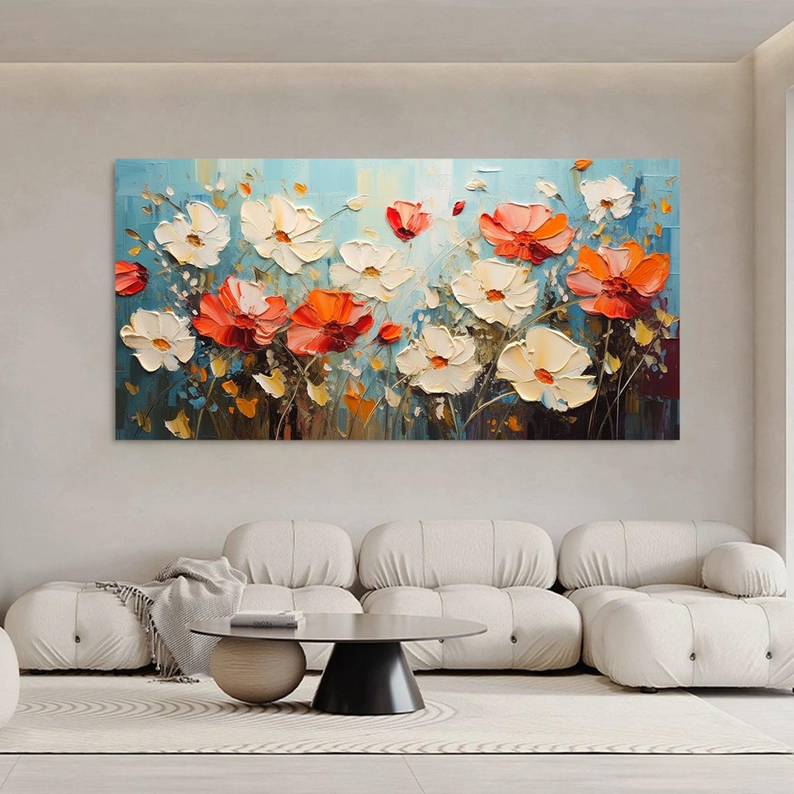 Red White Orange Wildflowers On Teal Impasto Painting Poster - Image 2