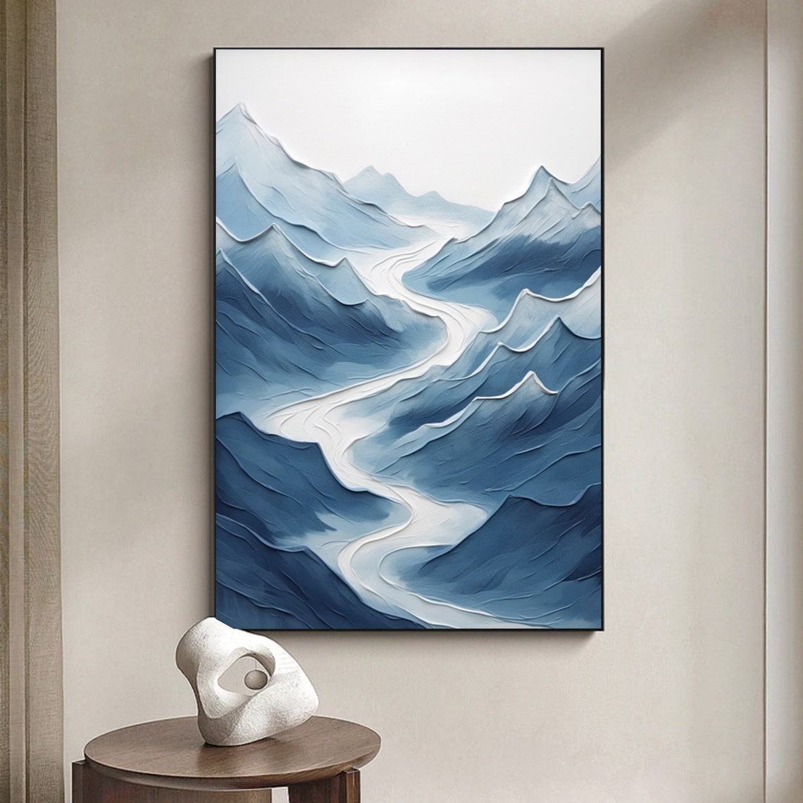 Blue Mountain River Landscape White Path 3D Texture Art Poster - Image 2