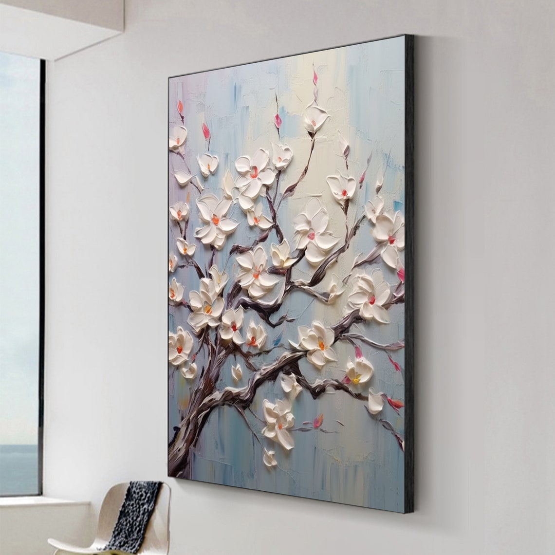 White Magnolia Blossoms On Dark Branches Vertical Painting Poster - Image 2