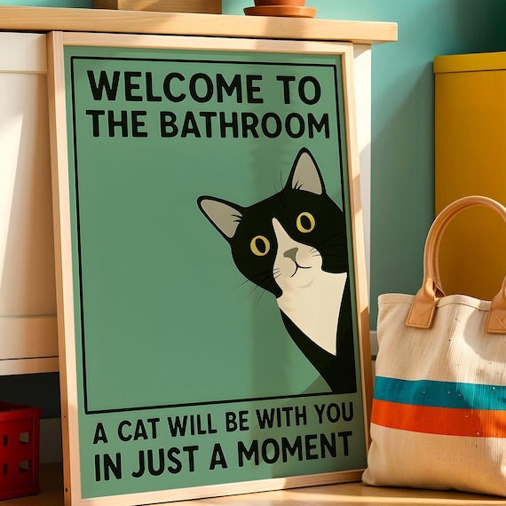 Welcome To The Bathroom Funny Cat Vintage Poster